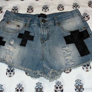 Mine Patched Crosses Cut Off Distressed Ripped Denim Shorts Womens SZ Medium